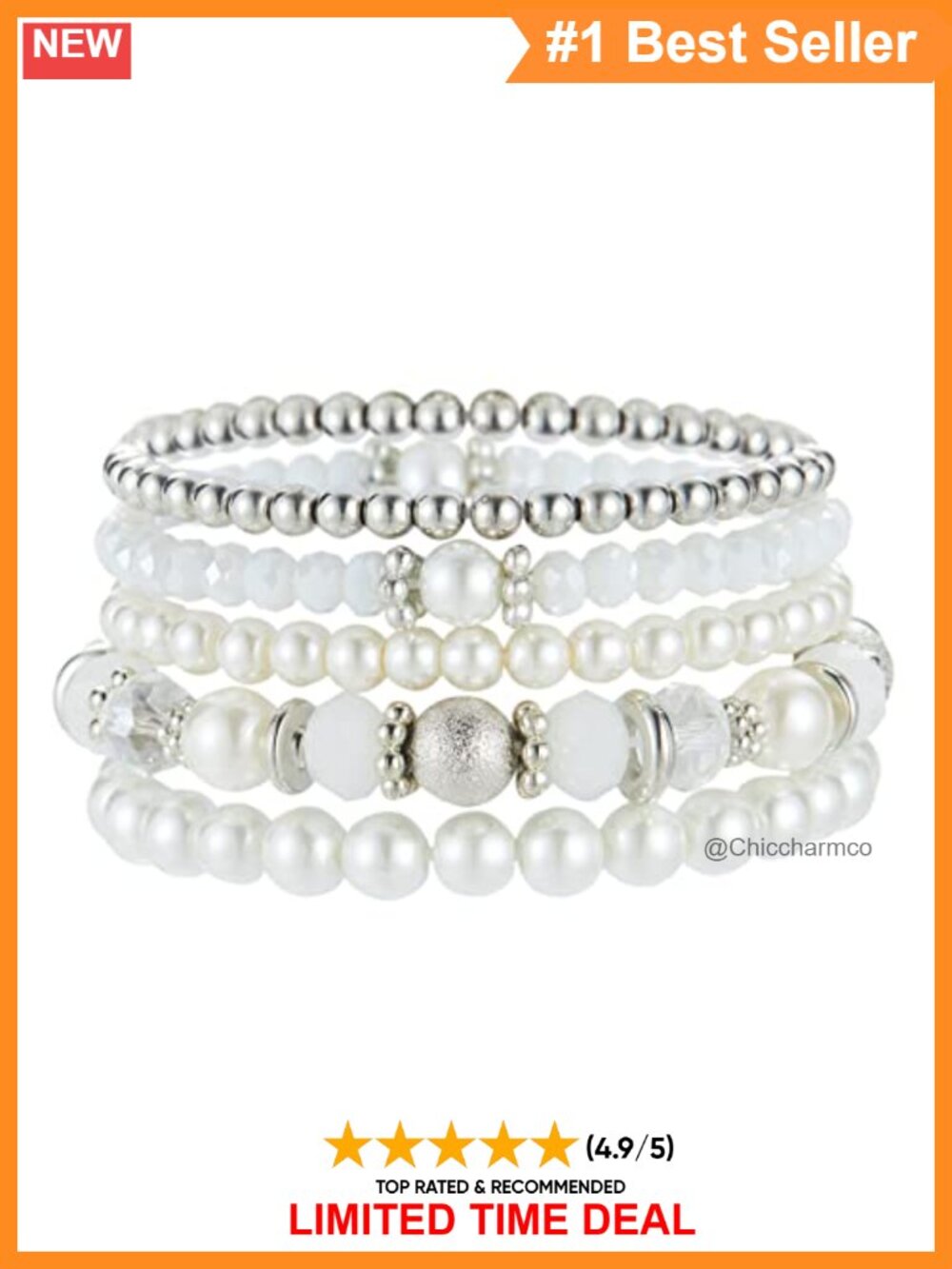 Pearl Crystal Beaded Stretch Bracelet Stackable 7" Gift Box